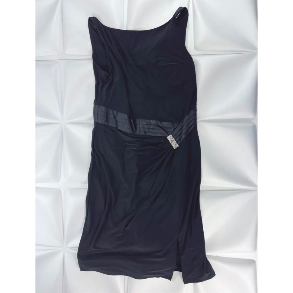 Lauren Ralph Lauren Sz 12 Black Ruched Slinky & Satin Formal Rhinestone l Dress